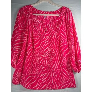 Lilly Pulitzer Pink & Off White Abstract Silk Blouse Split Neck 3/4 Sleeve Small